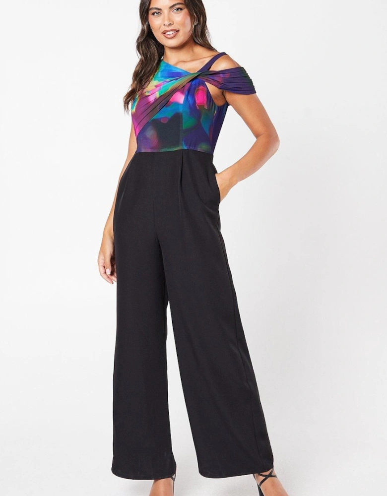 Twist Neck Pleated Off Shoulder Jumpsuit