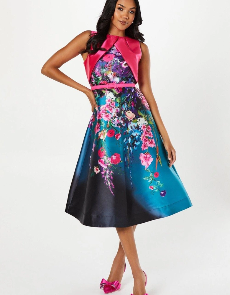 Trailing Floral Overlay Bodice Satin Twill Midi Dress