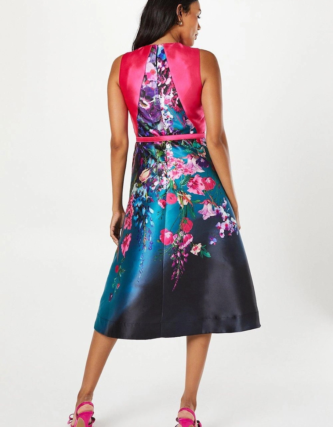 Trailing Floral Overlay Bodice Satin Twill Midi Dress