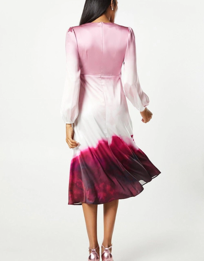 Placement Print Tie Front Satin Blouson Sleeve Midi Dress