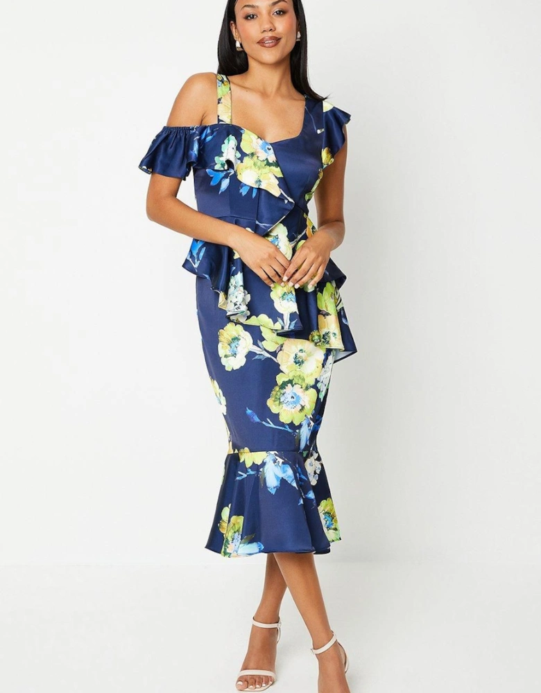 Printed Satin Ruffle Pencil Dress With Flute Hem