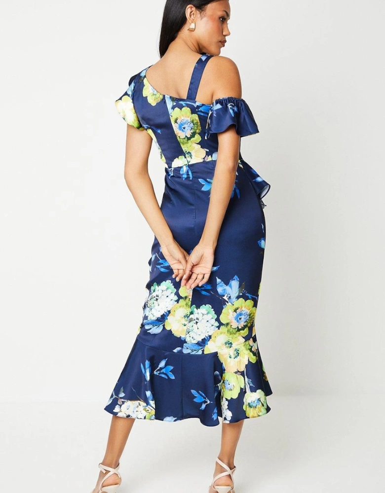 Printed Satin Ruffle Pencil Dress With Flute Hem