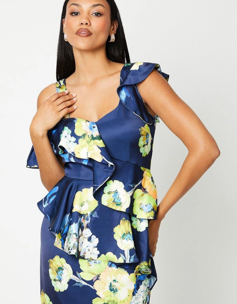 Printed Satin Ruffle Pencil Dress With Flute Hem