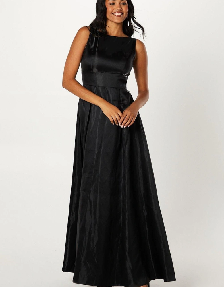 Boat Neck Full Skirted Twill Maxi Dress