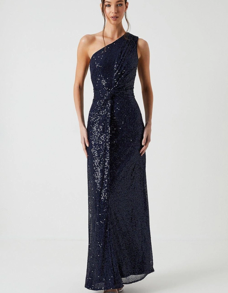Sequin Asymetric Twist Detail Bridesmaids Dress