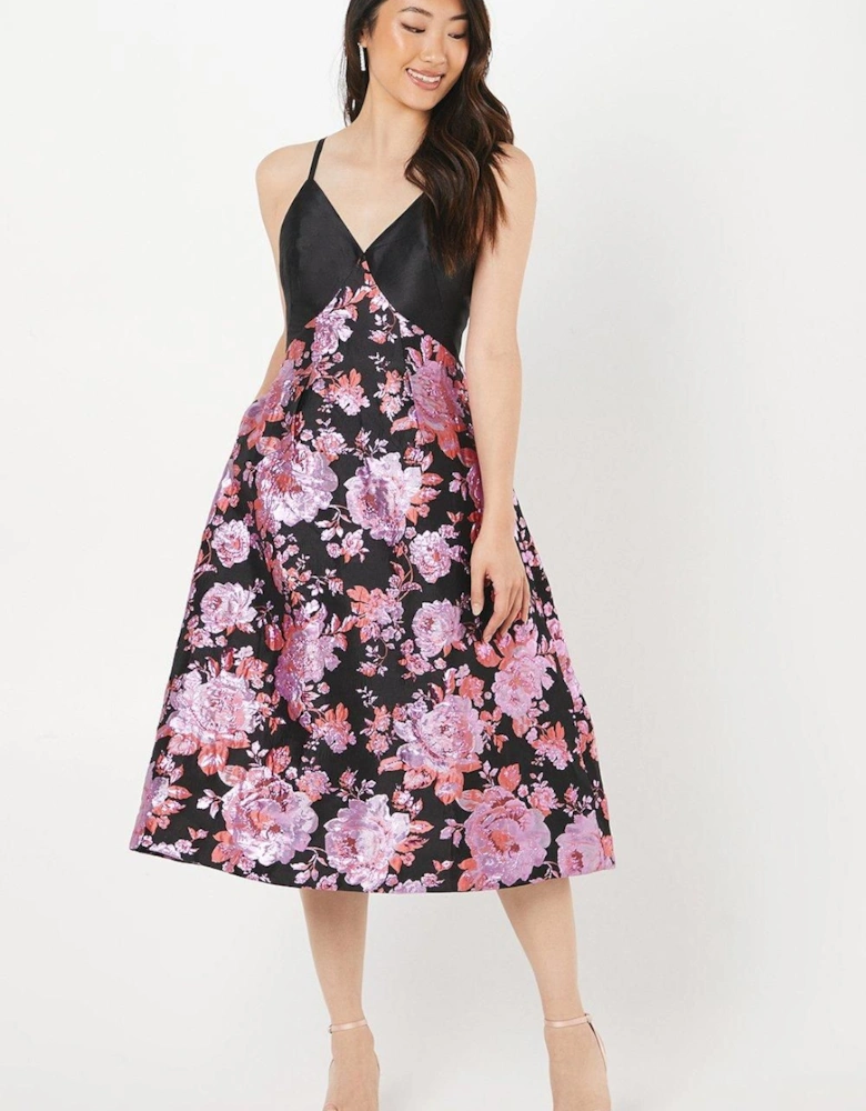 Twill Bodice Jacquard Skirt Midi Wedding Guest Dress
