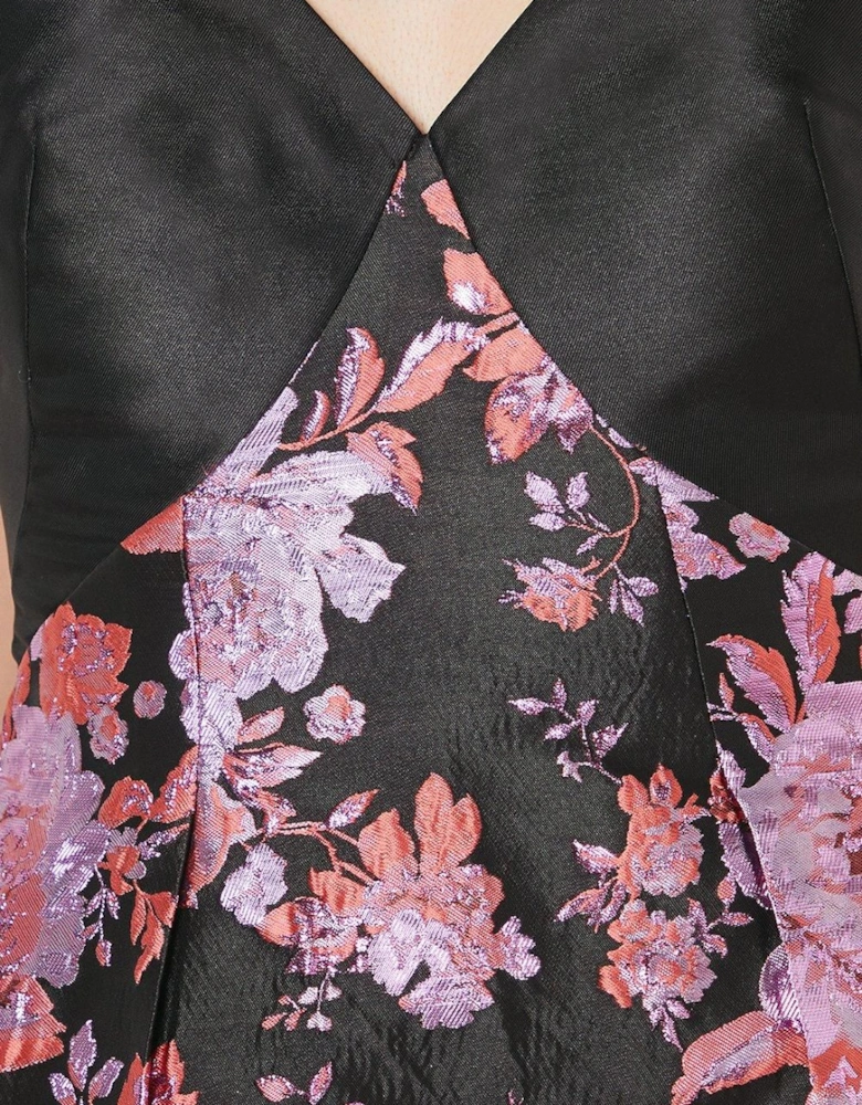 Twill Bodice Jacquard Skirt Midi Wedding Guest Dress