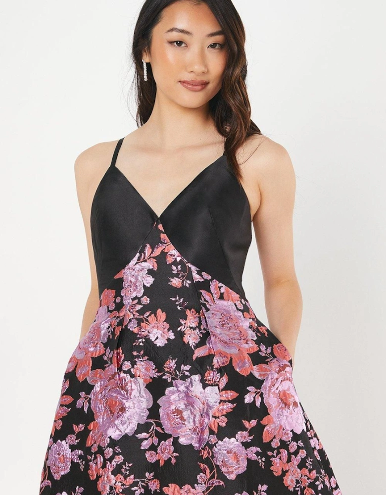 Twill Bodice Jacquard Skirt Midi Wedding Guest Dress
