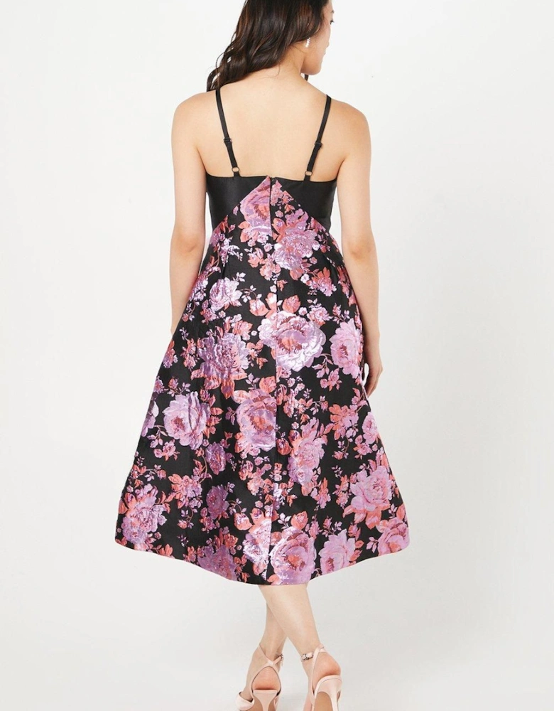 Twill Bodice Jacquard Skirt Midi Wedding Guest Dress