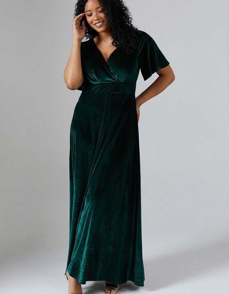 V Neck Angel Sleeve Velvet Bridesmaid Maxi Dress