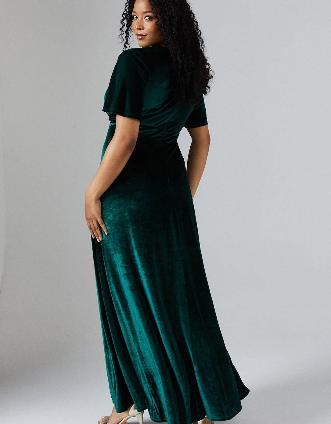 V Neck Angel Sleeve Velvet Bridesmaid Maxi Dress