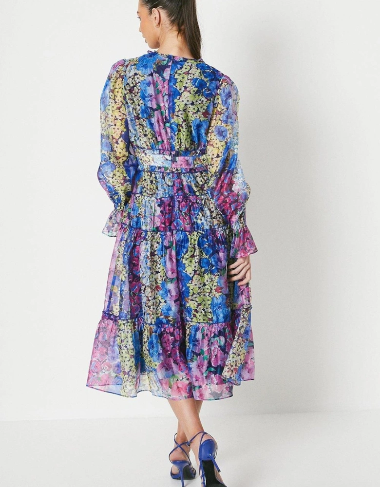 Printed Organza Layer Midi Dress