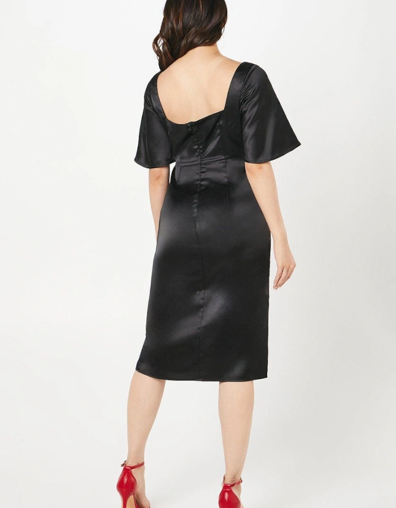 Petite Satin Wrap Waist Flutter Sleeve Midi Wedding Guest Dress