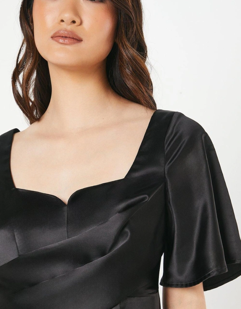 Petite Satin Wrap Waist Flutter Sleeve Midi Wedding Guest Dress