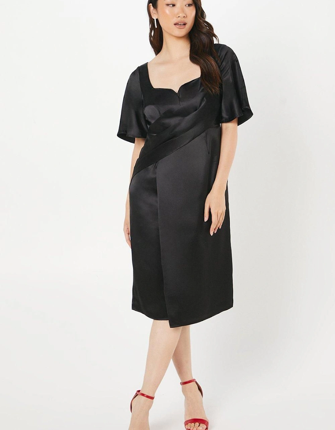Petite Satin Wrap Waist Flutter Sleeve Midi Wedding Guest Dress, 6 of 5