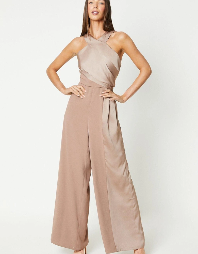 Satin Panelled Cross Neck Fluid Jumpsuit