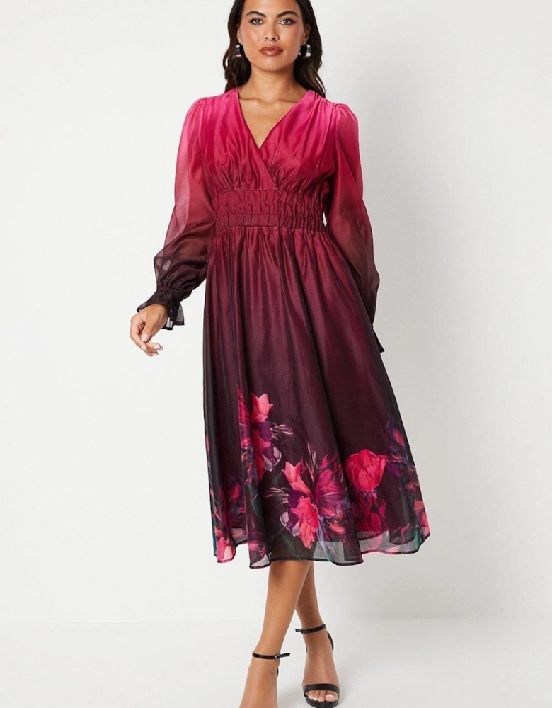 Placement Print Blouson Sleeve Organza Midi Wedding Guest Dress