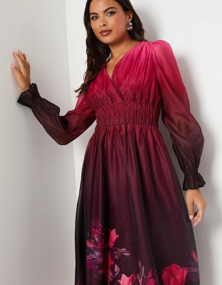 Placement Print Blouson Sleeve Organza Midi Wedding Guest Dress