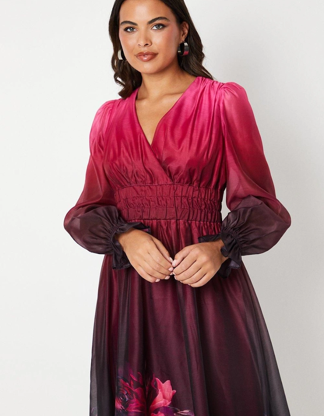 Placement Print Blouson Sleeve Organza Midi Wedding Guest Dress