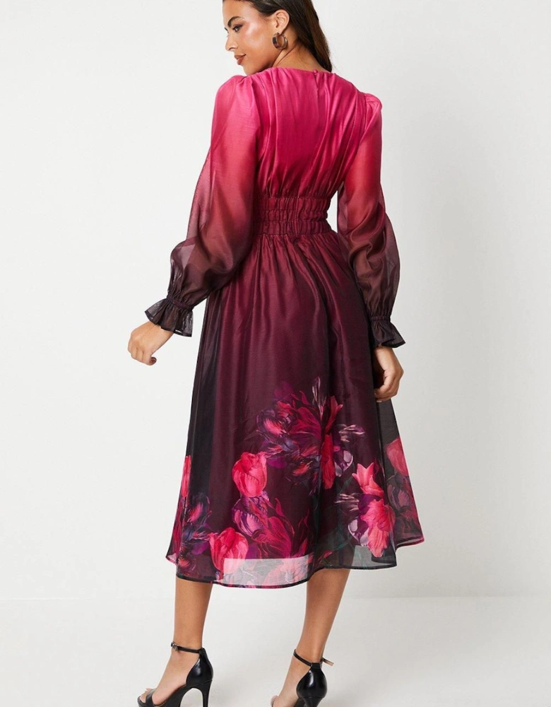 Placement Print Blouson Sleeve Organza Midi Wedding Guest Dress