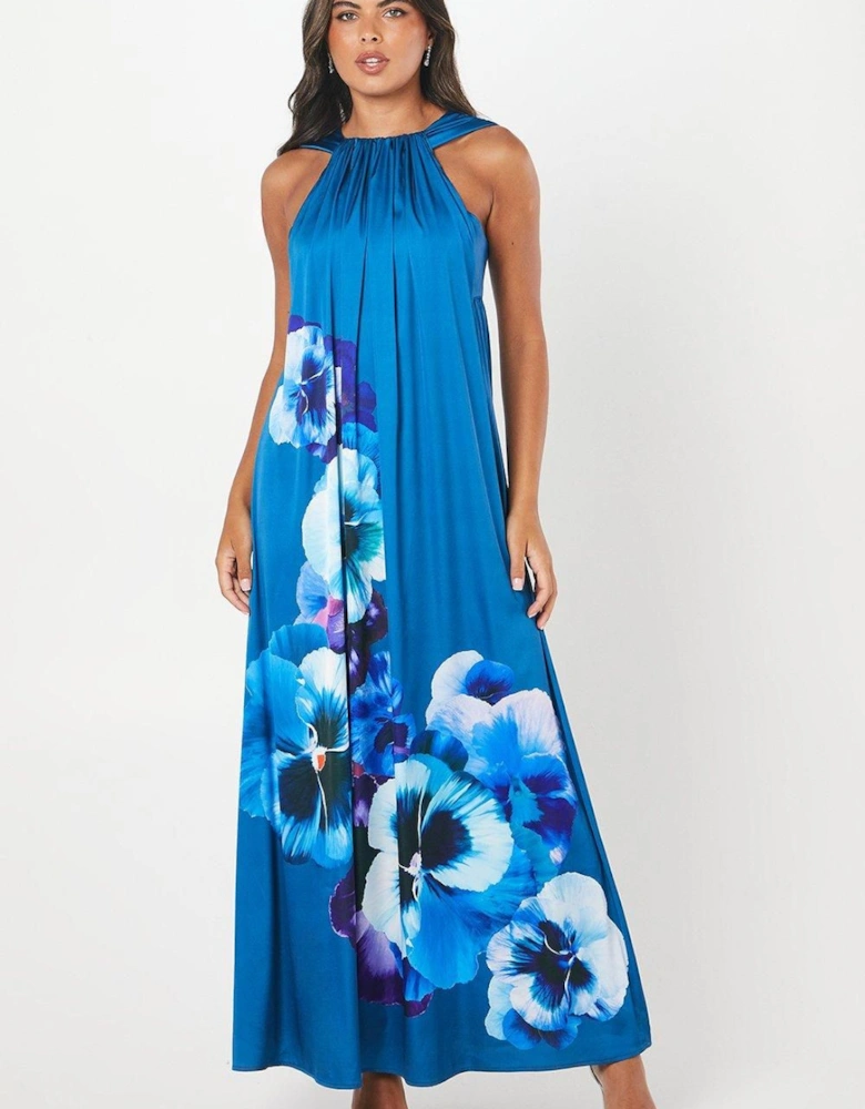 Satin Floral Print Volume Maxi Wedding Guest Dress