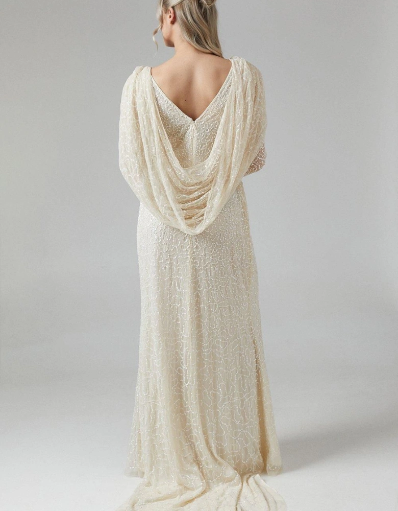 Maternity Cowl Back Long Sleeve Embellished Wedding Dress