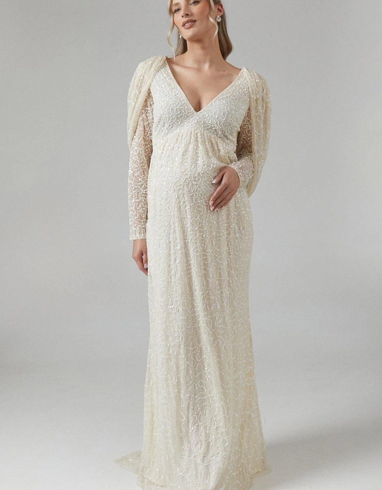 Maternity Cowl Back Long Sleeve Embellished Wedding Dress