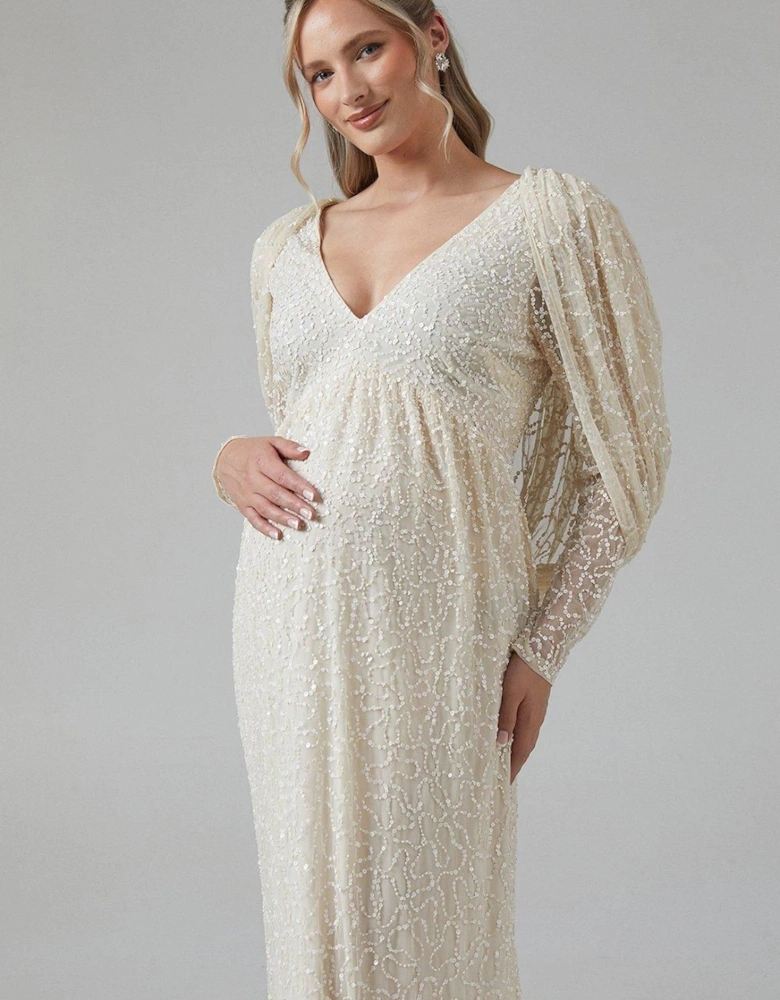 Maternity Cowl Back Long Sleeve Embellished Wedding Dress