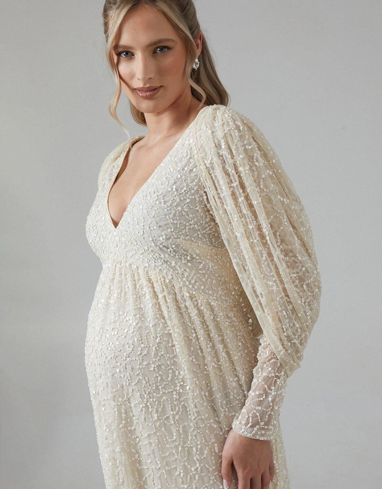 Maternity Cowl Back Long Sleeve Embellished Wedding Dress