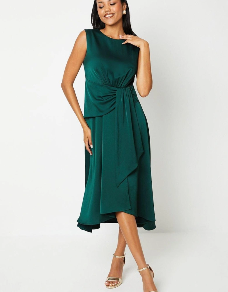 Sash Front Drape Skirt Satin Midi Dress