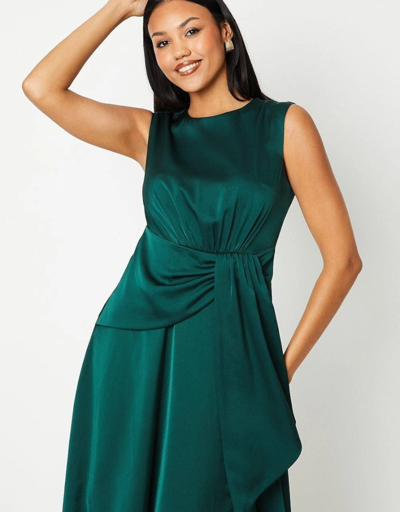 Sash Front Drape Skirt Satin Midi Dress