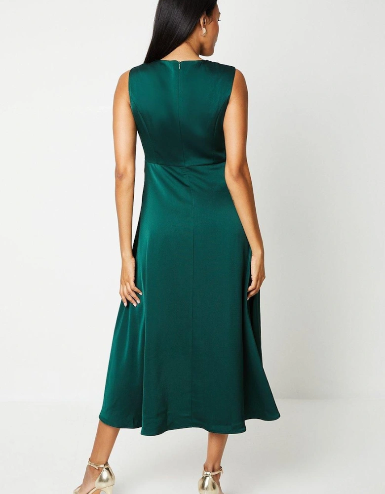 Sash Front Drape Skirt Satin Midi Dress