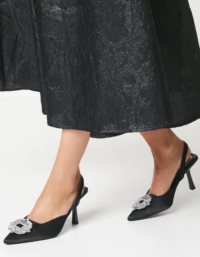 Samia Satin Jewelled Brooch Detail Slingback High Heel Court Shoes