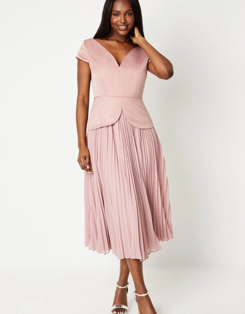 Pleated Skirt Overlay Bodice Midi Dress