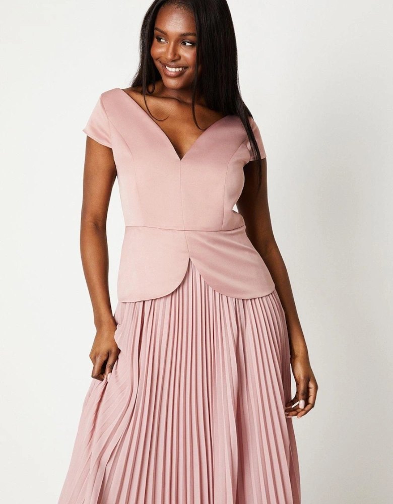 Pleated Skirt Overlay Bodice Midi Dress