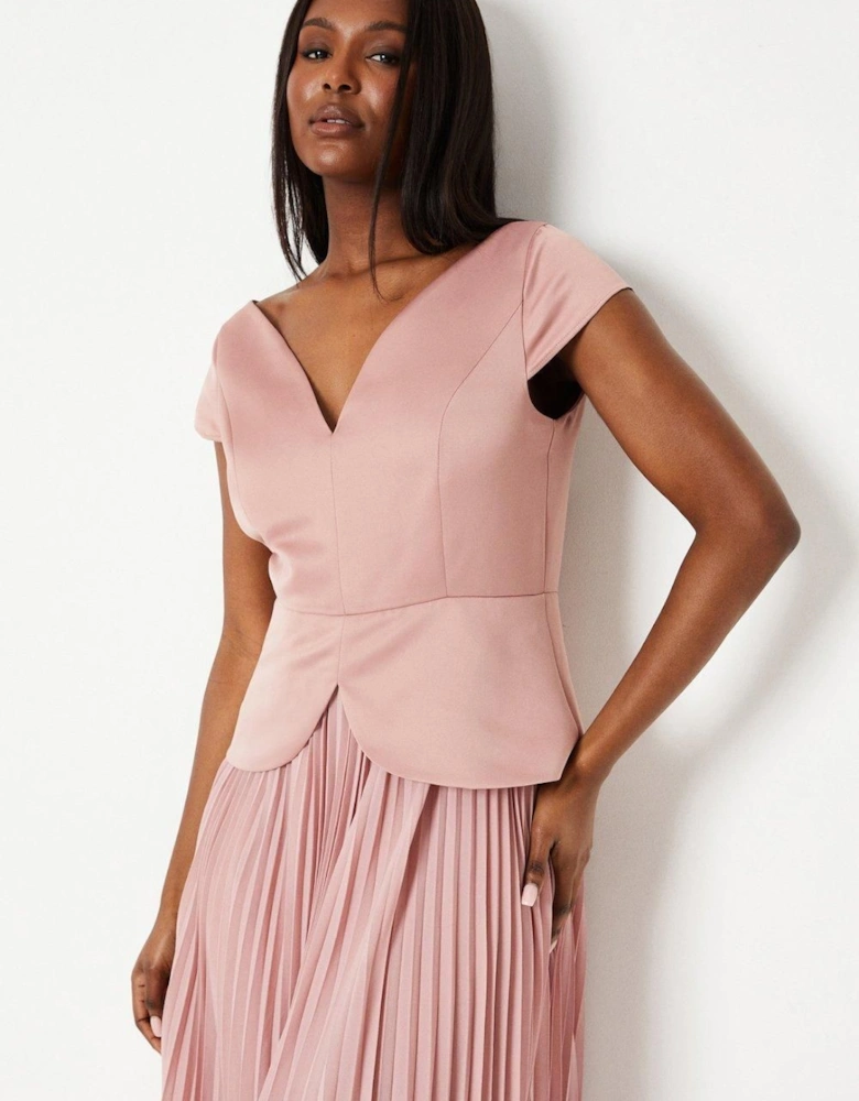 Pleated Skirt Overlay Bodice Midi Dress