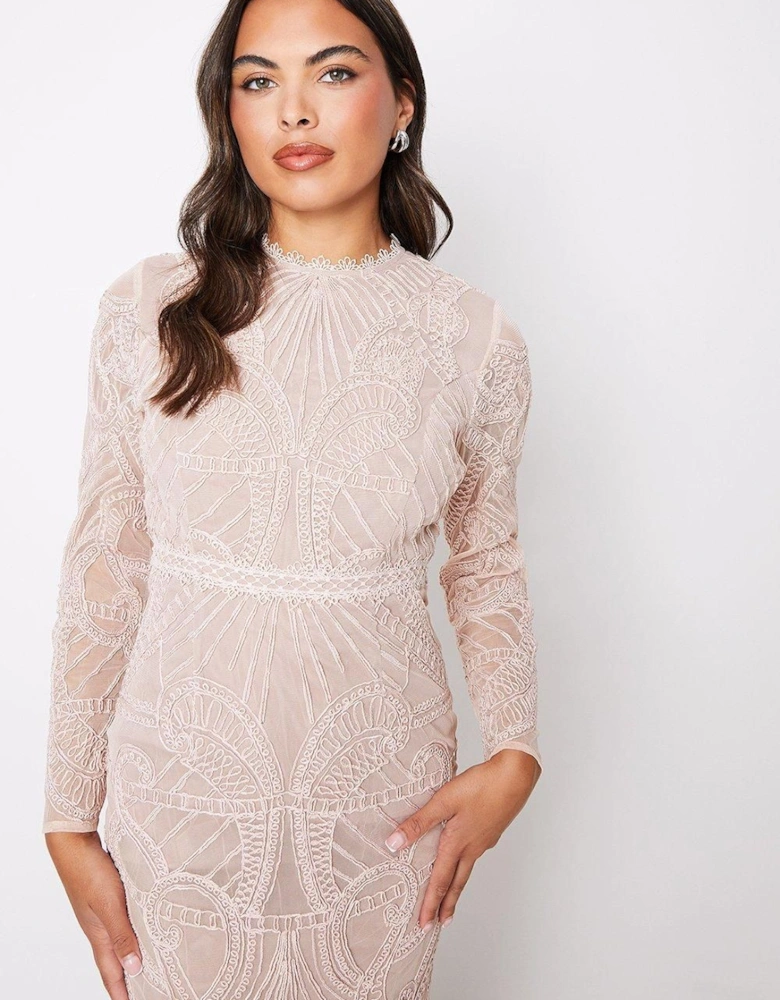 Tapework Hand Embroidered Long Sleeve Midi Dress