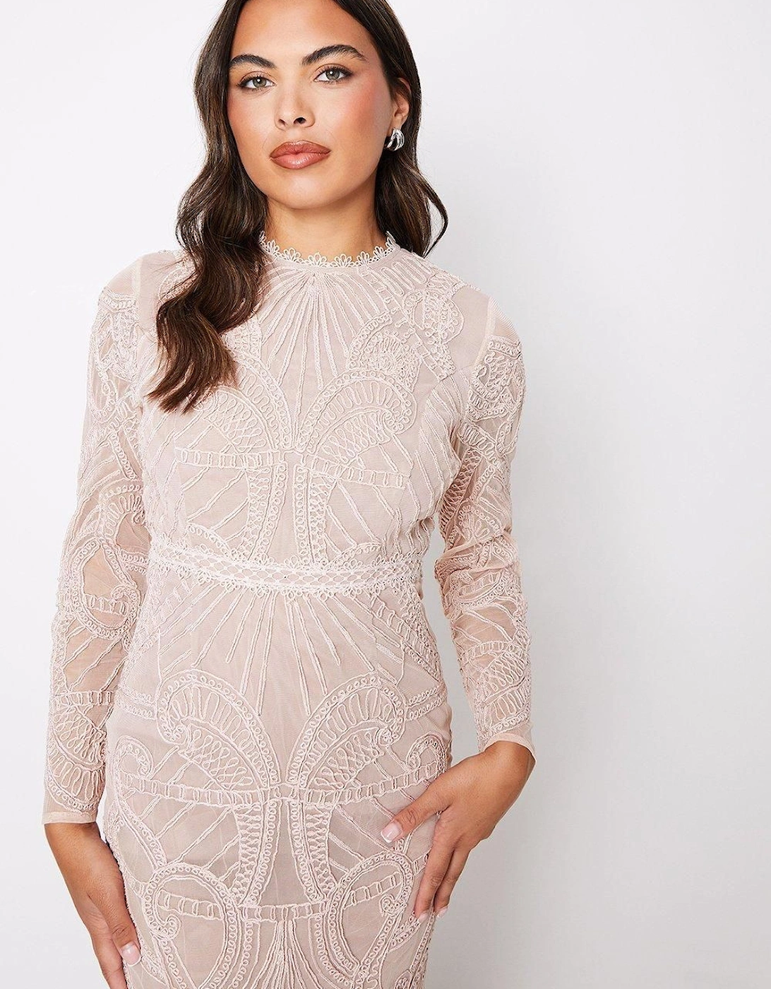 Tapework Hand Embroidered Long Sleeve Midi Dress