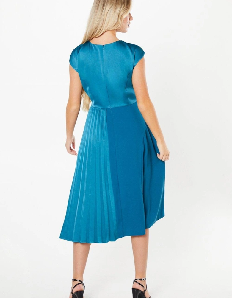 Petite Pleated And Panelled Contrast Tie Satin Midi Dress