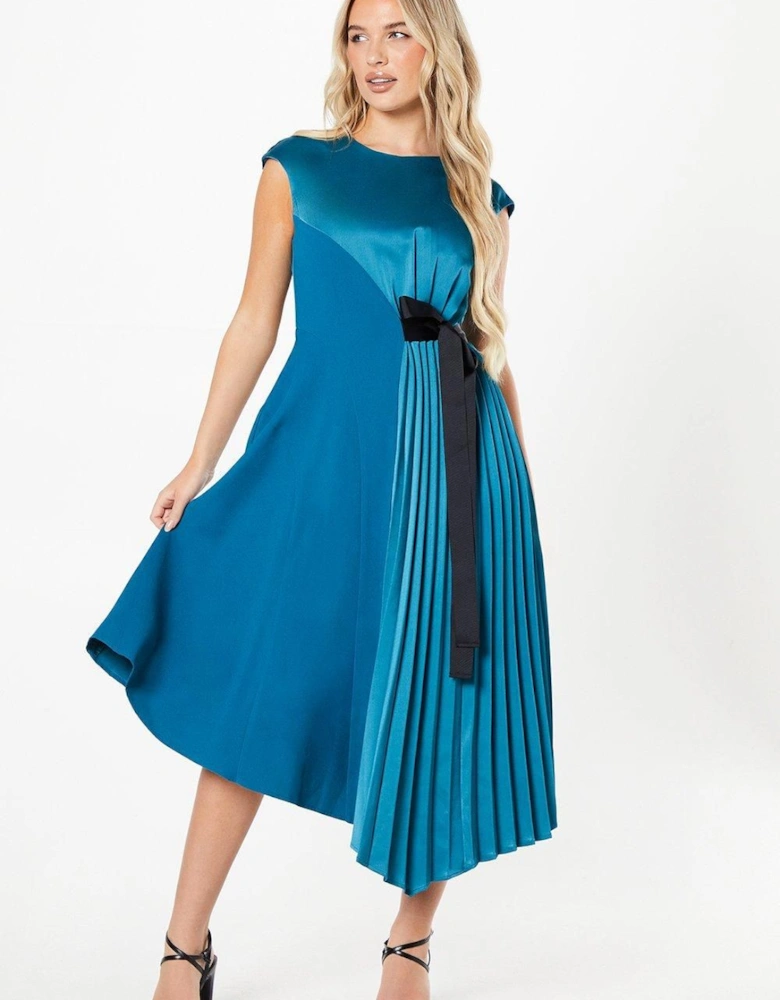 Petite Pleated And Panelled Contrast Tie Satin Midi Dress