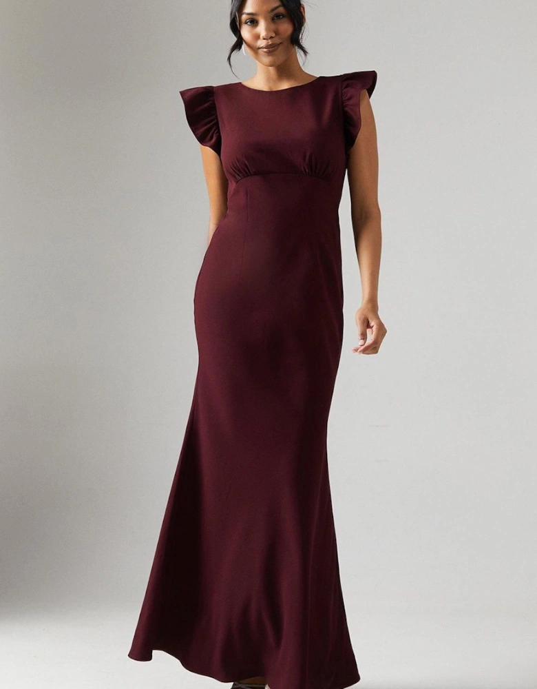 Ruffle Angel Sleeve Crepe Bridesmaid Maxi Dress