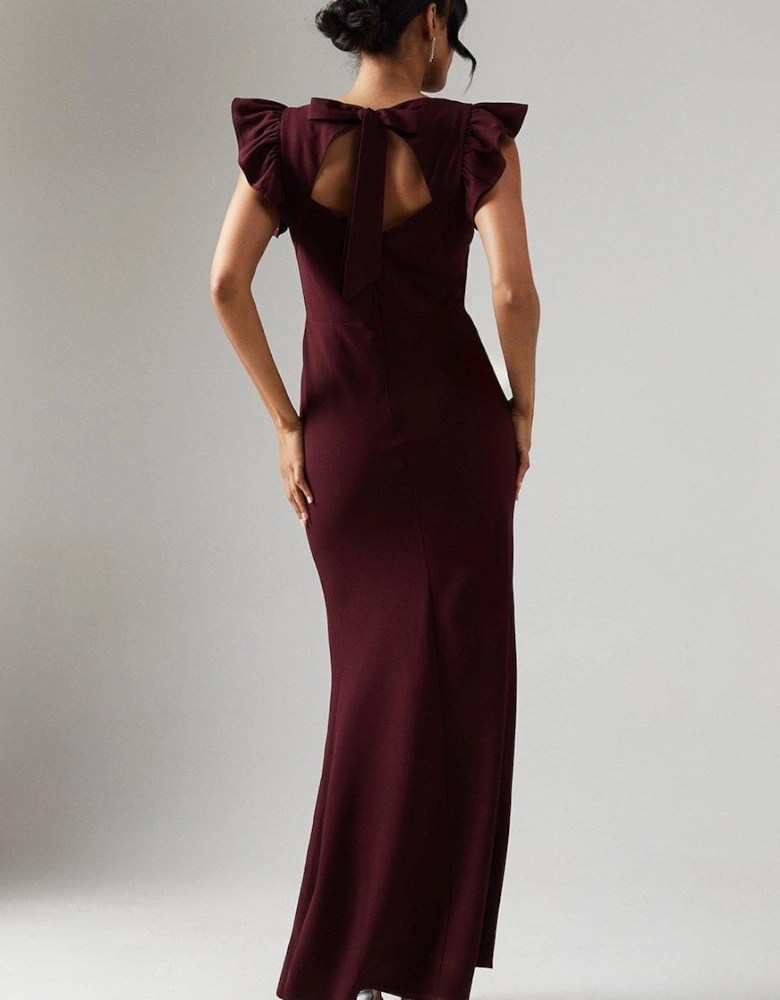 Ruffle Angel Sleeve Crepe Bridesmaid Maxi Dress