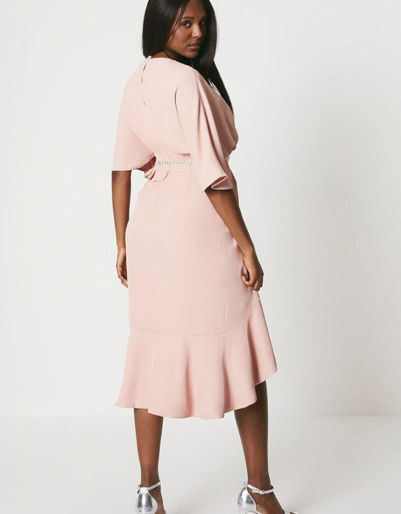 Crepe Frill Wrap Dress With Pearl Waist