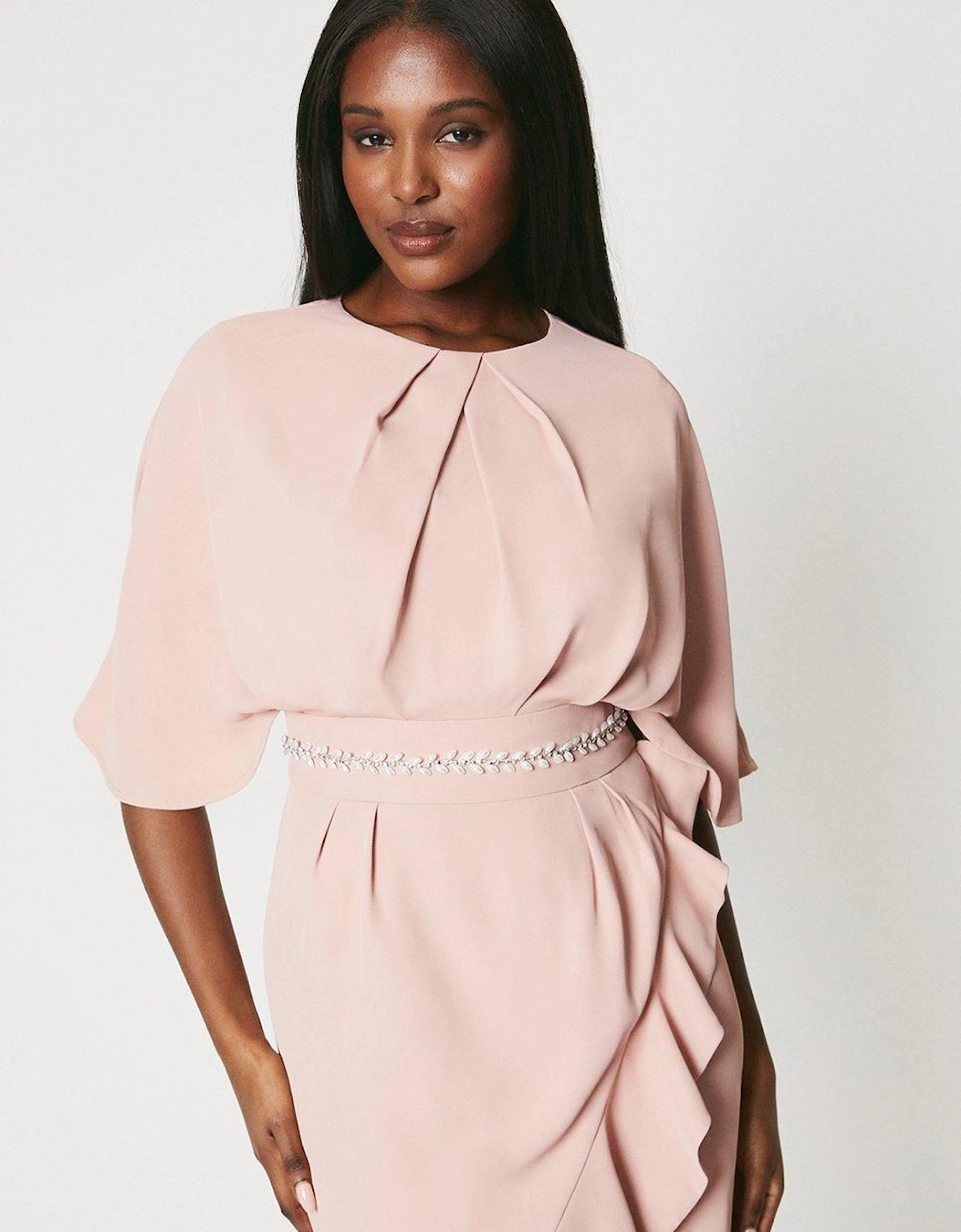 Crepe Frill Wrap Dress With Pearl Waist