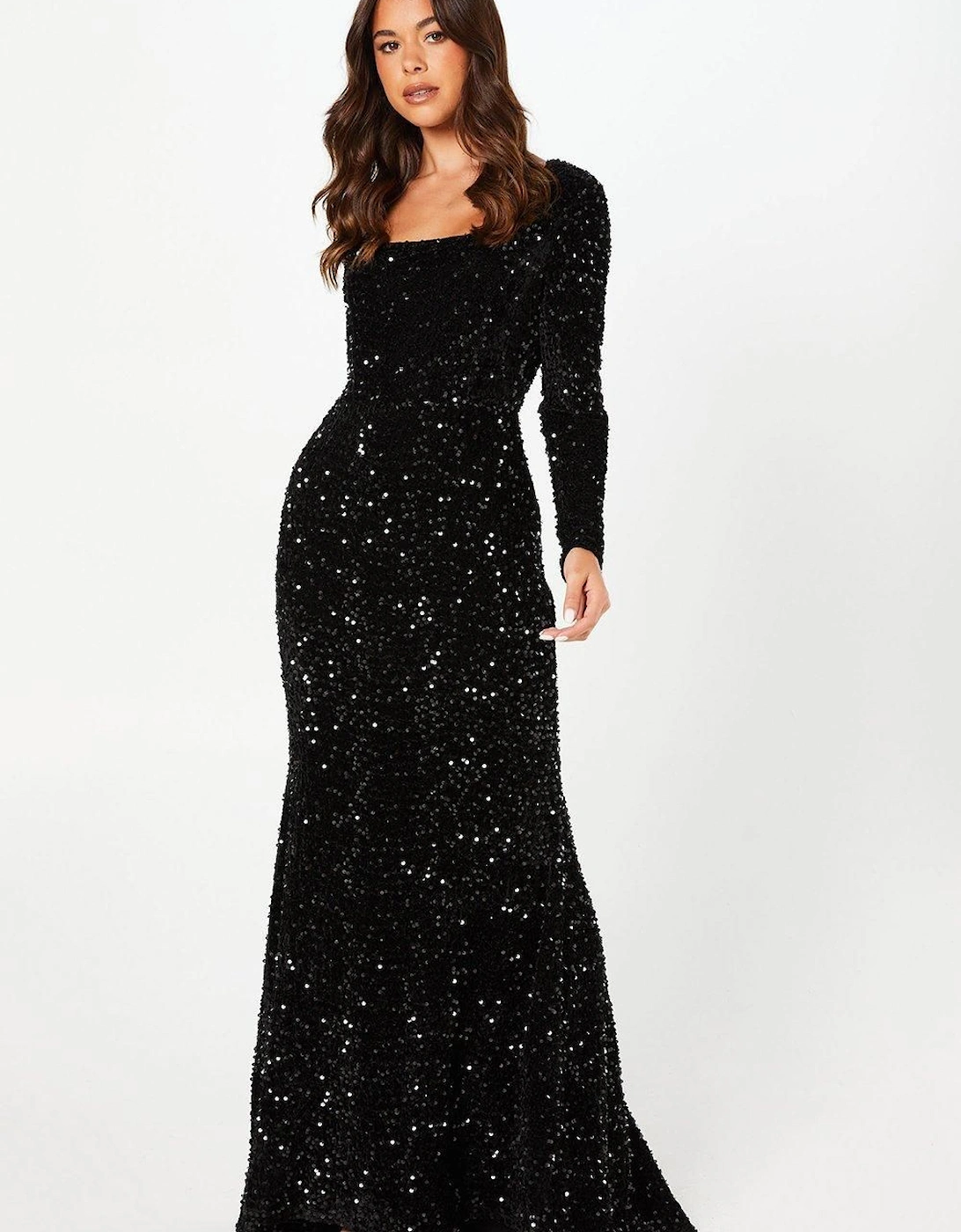 Square Neck Velvet Sequin Long Sleeve Black Maxi Dress, 2 of 1