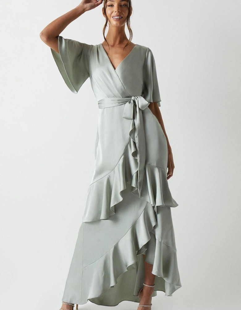 Wrap Front Waterfall Satin Fishtail Maxi Dress