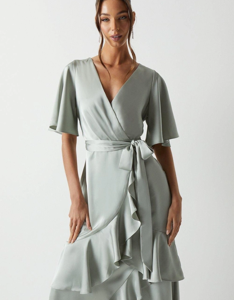 Wrap Front Waterfall Satin Fishtail Maxi Dress