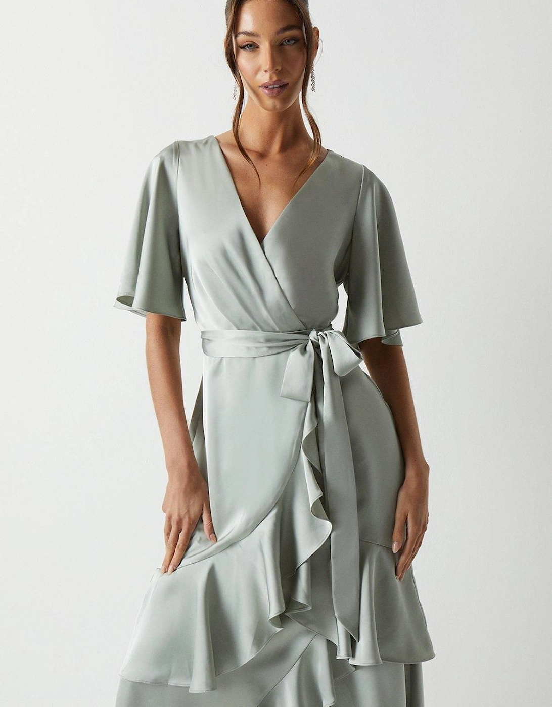 Wrap Front Waterfall Satin Fishtail Maxi Dress