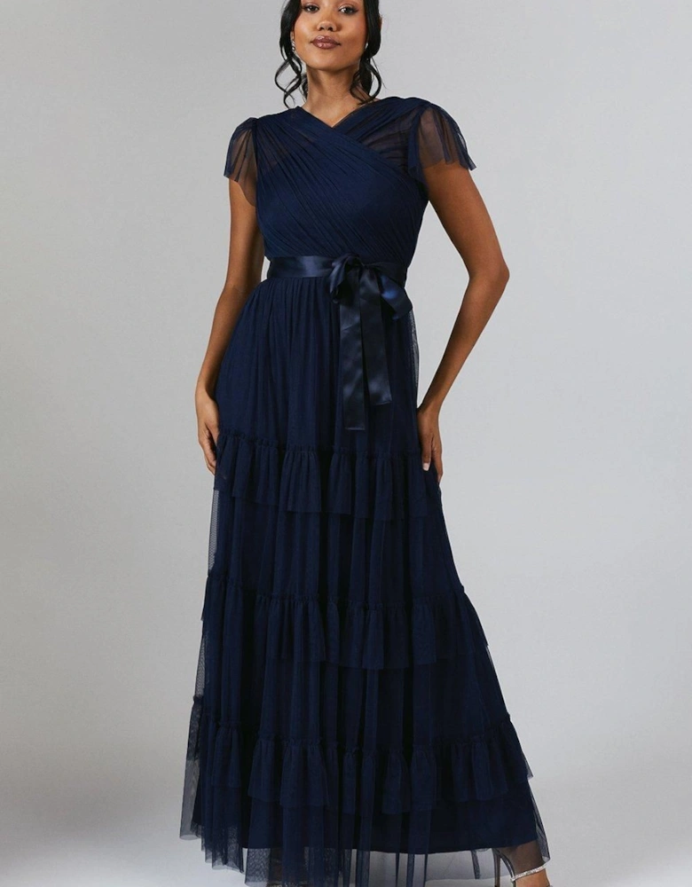 Flutter Sleeve Mesh Tiered Bridesmaid Dress