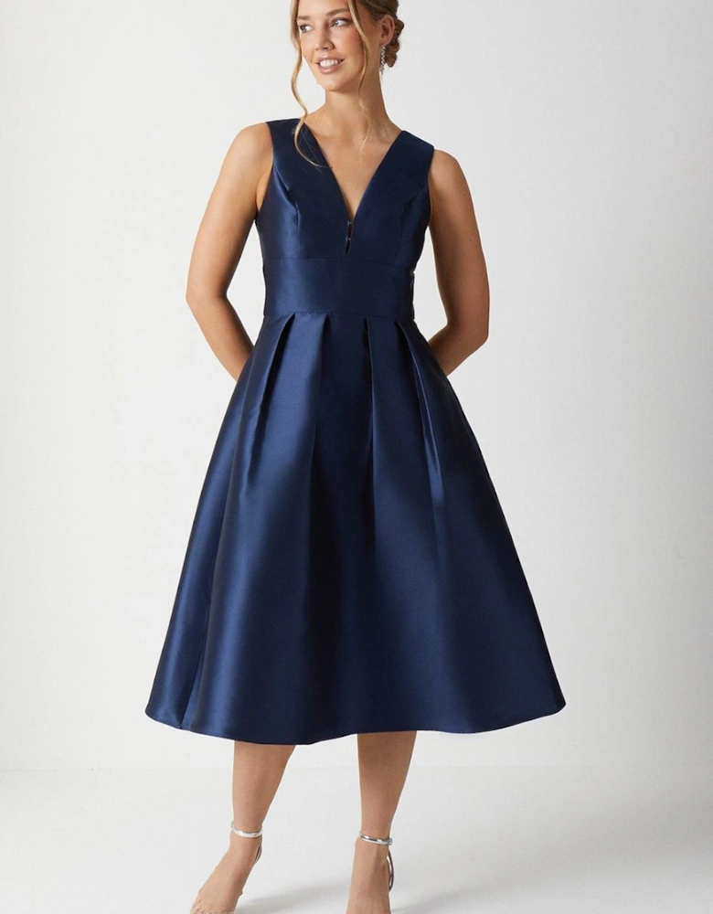 Plunge Neck Structured Twill Midi Bridesmaid Dress